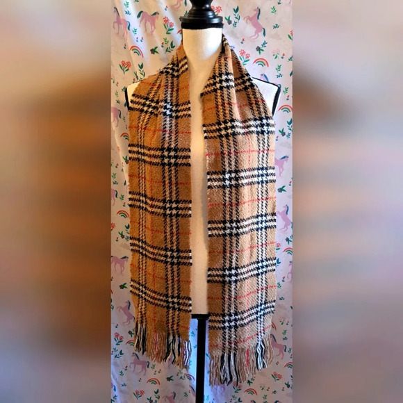 Vintage Y2K Burberry Tan Merino Wool & Angora Nova Check Neutral Unisex Scarf - Picture 1 of 3